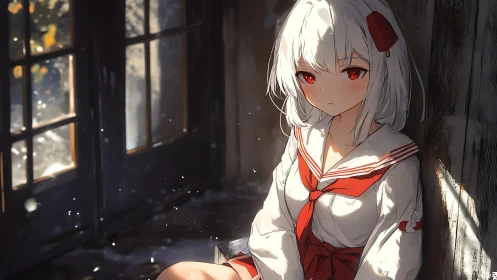 Snowlit silence wraps the crimson eyed girl in soft shadow