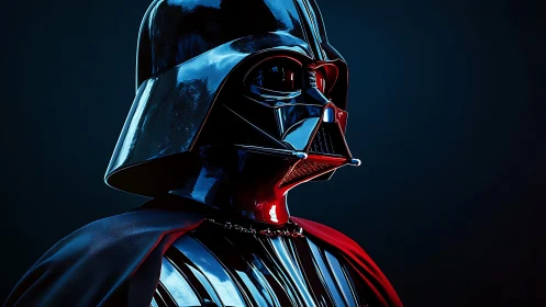 Dark armored sci fi figure in glossy reflective helmet.