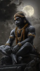 Moonlit simian deity statue rendered with high-detail sculptural shading