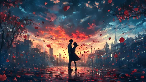 Silhouetted couple embraces amid falling red petals beneath burning sunset cityscape.