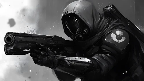 Hooded sci fi sniper aims heavy pistol in storm-gray haze.
