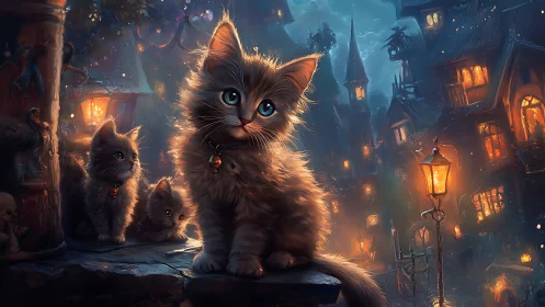 Luminous Kittens in Medieval Cityscape: Fantasy Rendering.