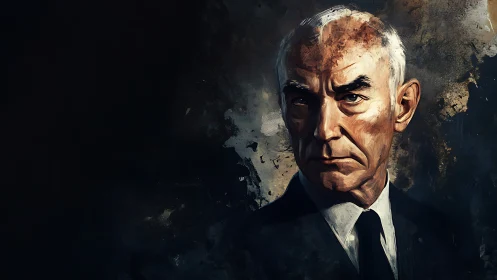 Older man in suit is portrayed against dark abstract field