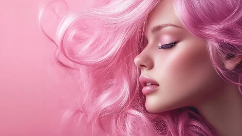 Profile portrait with flowing pastel pink fantasy hair.