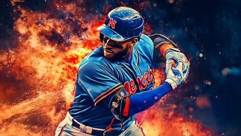 Blazing swing of a focused baseball slugger in neon colors.