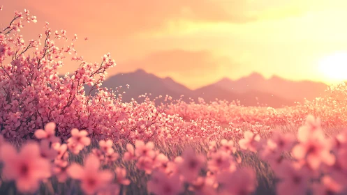 Pink Blooms Burst Against Golden Hour Mountains