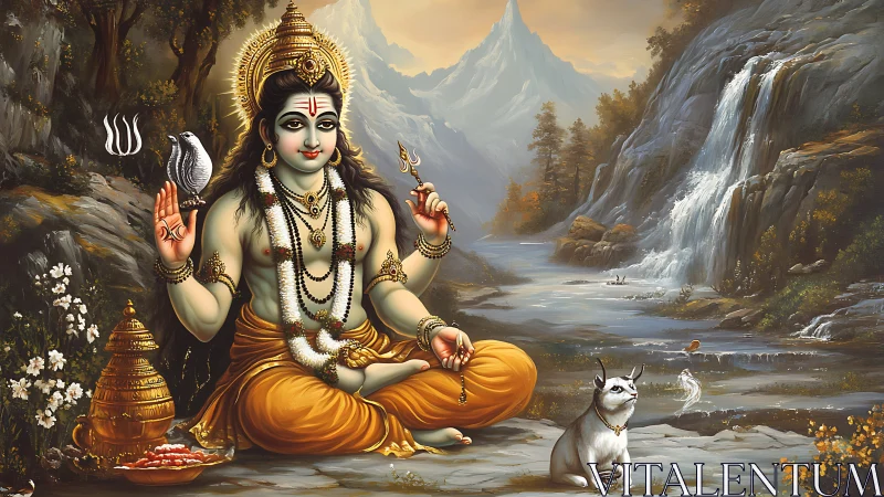 Seated deity with trident in detailed mountain river landscape