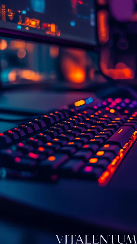 RGB mechanical gaming keyboard in neon bokeh desktop setup