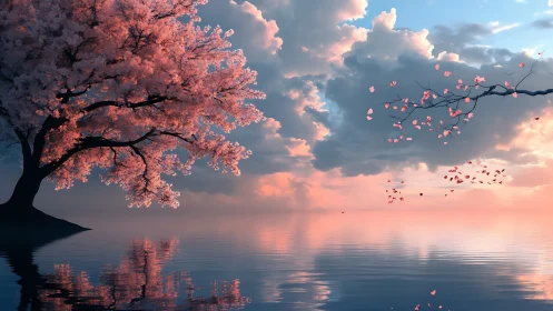 Blush clouds meet cherry blossoms over quiet evening water.