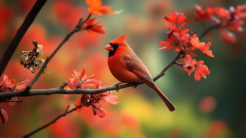 Vibrant red cardinal perched on blooming branch, nature photography.