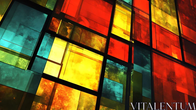 Abstract stained glass window art with vibrant geometric panels.