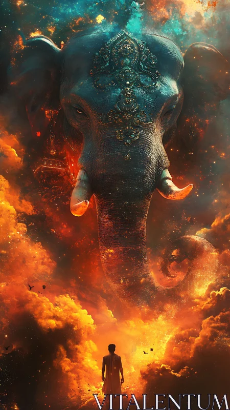 Mythic elephant deity in celestial firestorm digital painting.