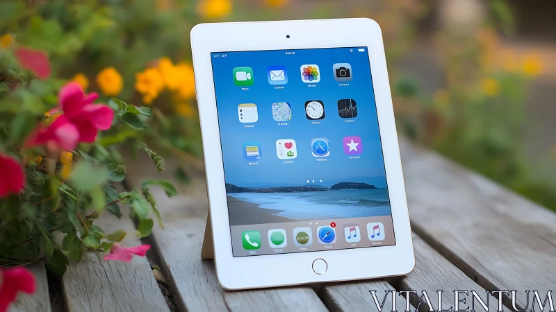 White tablet displays iOS interface on wooden surface with flowering garden