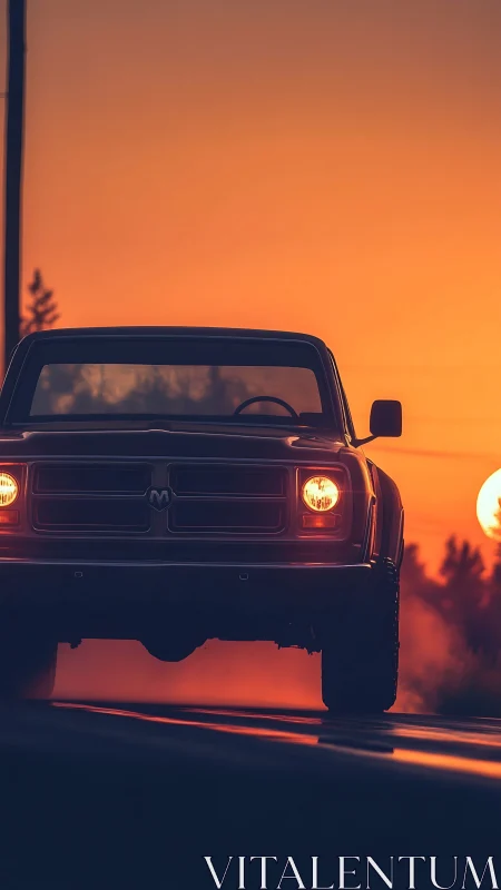 Golden hour pickup cruising into a glowing summer sunset.