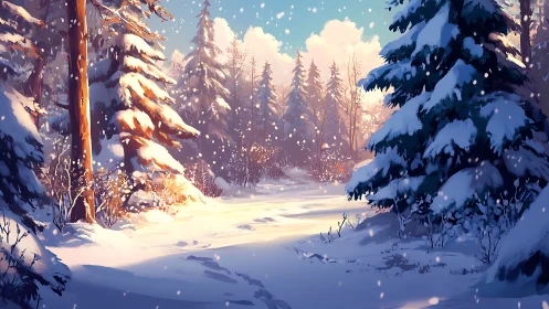 Snow covered conifer forest clearing under bright winter light