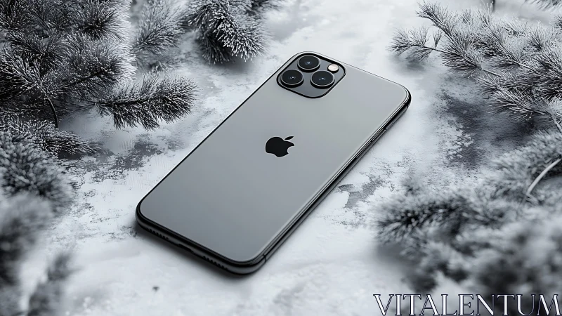 Frosted Flagship: iPhone Rests in Winter's Crystalline Embrace.