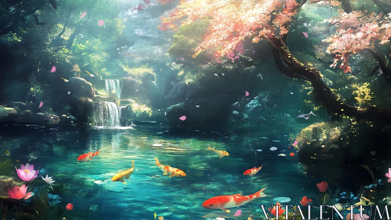 Koi pond beneath flowering tree in forest clearing at daylight.