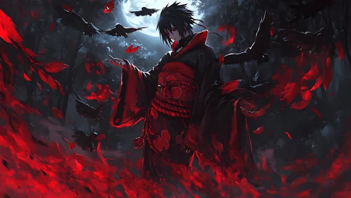 Dark forest shinobi commands crimson ravens in moonlight