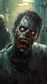 Bioluminescent-eyed zombie lunges forward in cinematic corridor