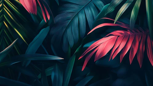 Vibrant digital jungle leaves with deep teal background.