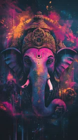 Neon deity portrait with ornate crown in cosmic space.