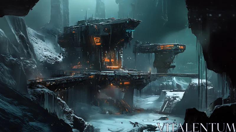 Frozen sci fi fortress glows amid a harsh polar abyss