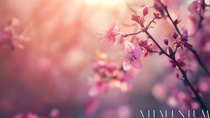 Blushing cherry blossoms drifting in soft sunrise haze.