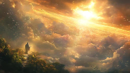 Cloaked figure ascends glowing cloud path toward radiant horizon