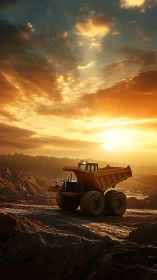 Mining haul truck cuts silhouette beneath molten sunset sky.