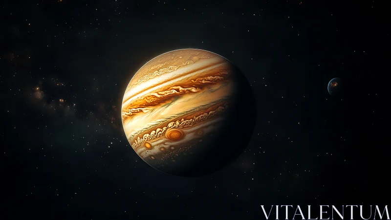 Storm-swirled gas giant drifts through a velvet star ocean.