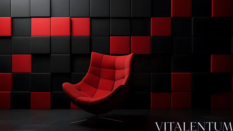 Cozy red lounge chair against bold geometric wall art.