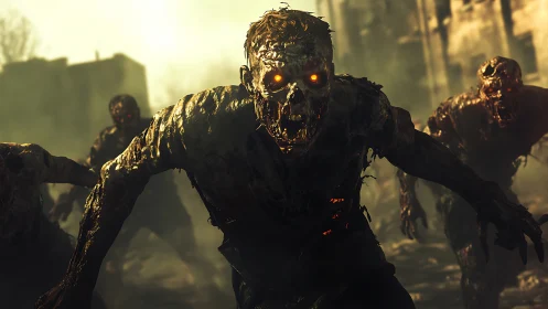 Zombies advance through ruined urban environment at dusk
