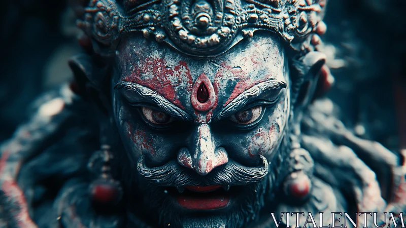 Close frontal view of ornate wrathful deity sculpture.