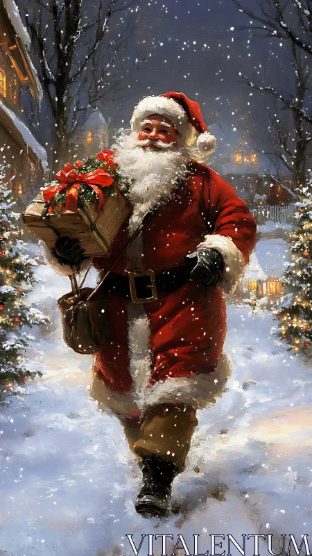 Oil-painted Santa in snowy village street, warm-lit realism.
