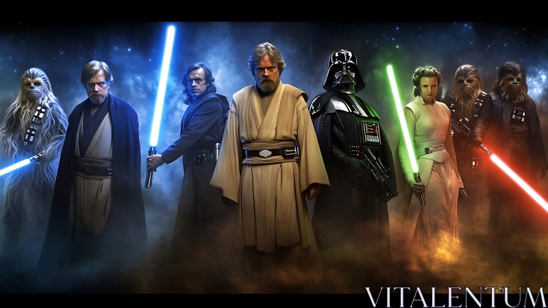 Photorealistic sci-fi character lineup in cinematic symmetry.