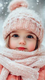 Child in pink knit beanie and scarf with snowflake bokeh backdrop.