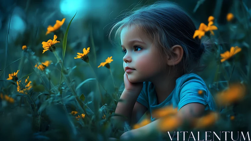 Child in Meadow with Yellow Flowers at Dusk