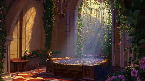 Sunlit stone chamber with floral canopy and diffused volumetric rays