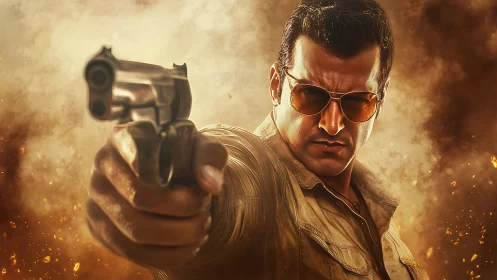 Action hero aiming revolver amid cinematic firestorm.