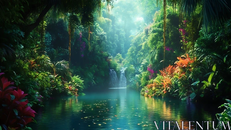 Lush jungle lagoon glows around a hidden waterfall sanctuary.