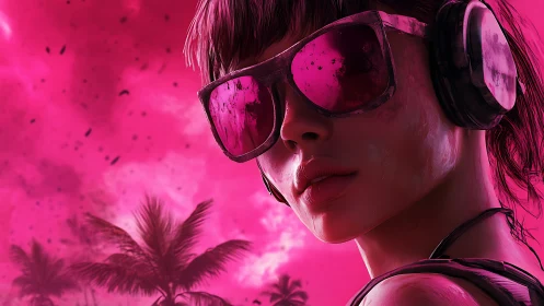 Chromatic cyber-surfer with neon visor in tropical overglow.