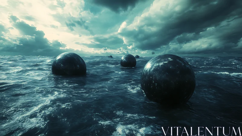 Dark alien orbs drift across a storm-tossed teal ocean