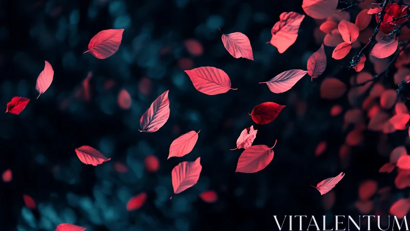 Crimson autumn leaves drifting through dark teal air.