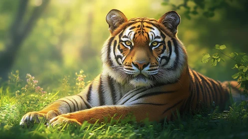 Majestic tiger rests in luminous forest clearing portrait