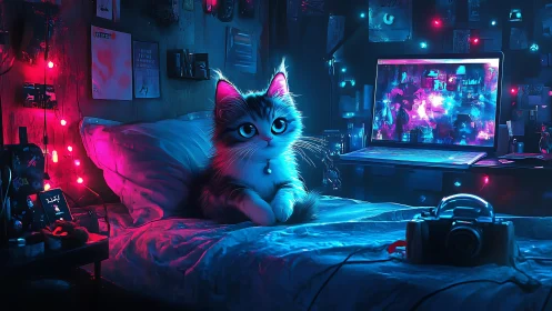 Cyberpunk neon-lit bedroom with wide-eyed digital cat sentinel.