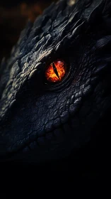 Smoldering dragon eye glows from shadowed scaled darkness