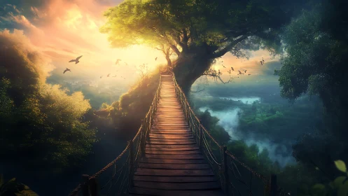 Wooden suspension bridge leads through dense forest at sunrise