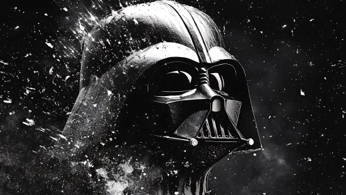 Helmeted sci fi character portrait in monochrome space field.