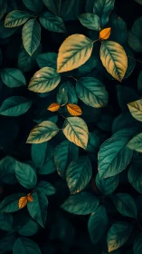 Selective color contrast isolates golden leaves in teal foliage