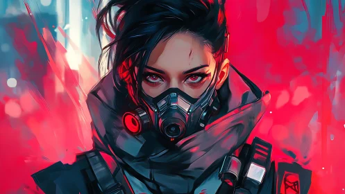 Cyberpunk survivor in crimson neon haze portrait artwork.